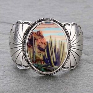 NWT Silver Western Cactus Scene Cuff Bracelet